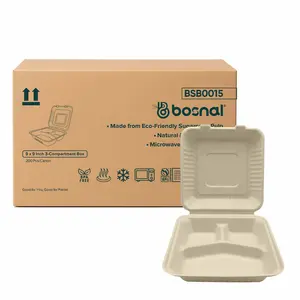 Bosnal - Sugarcane Bagasse Compostable 9 Inch 3-Compartment Clamshell - Case of 8 (200 Pcs)