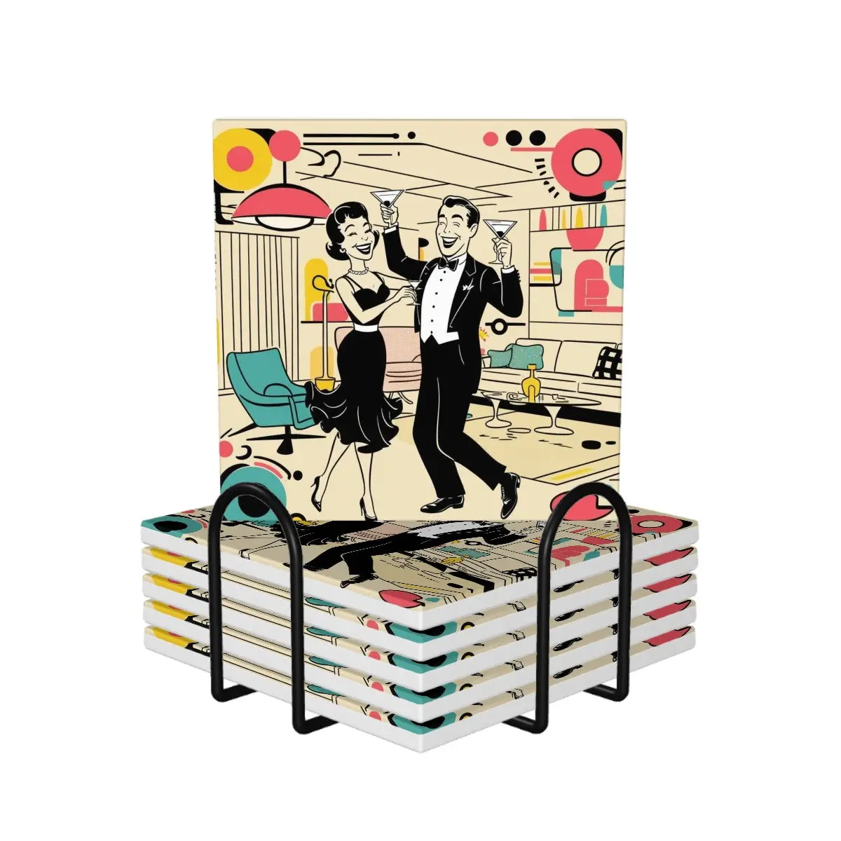 Mid Century Modern Kitschy Mod Couple Retro Barware Square Ceramic Coasters Set of 6