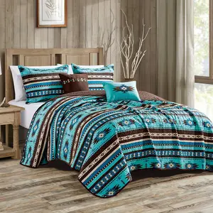 5 piece -Southwestern Turquoise Aztec Quilt Set – Rustic Western Boho Bedspread Coverlet with Shams & Decorative Pillows, Lightweight All Season Bedding (Queen / King)
