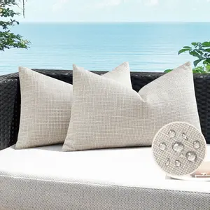 Set of 2 Outdoor Waterproof Throw Pillow Covers 16x24 Inch Decorative Linen Outdoor Pillows Cushion Case for Patio Couch Sofa