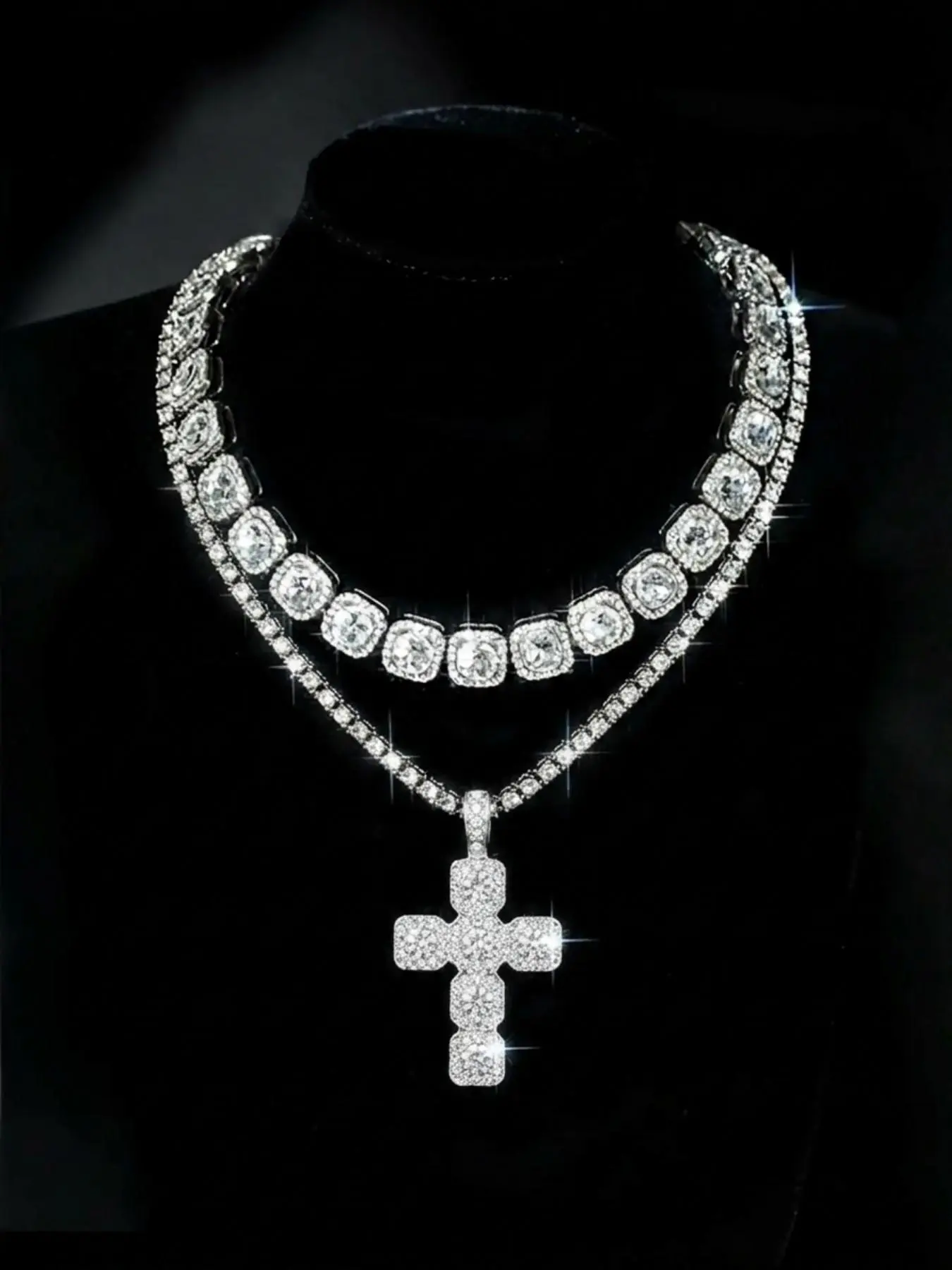 Fashionable and simple cross pendant with square diamond Cuban chain set, moissanite European and American hip-hop style necklace pendant, gold and silver chain necklace, ice diamond tennis festival necklace jewelry set, Statement Chain, Iced Out Necklace