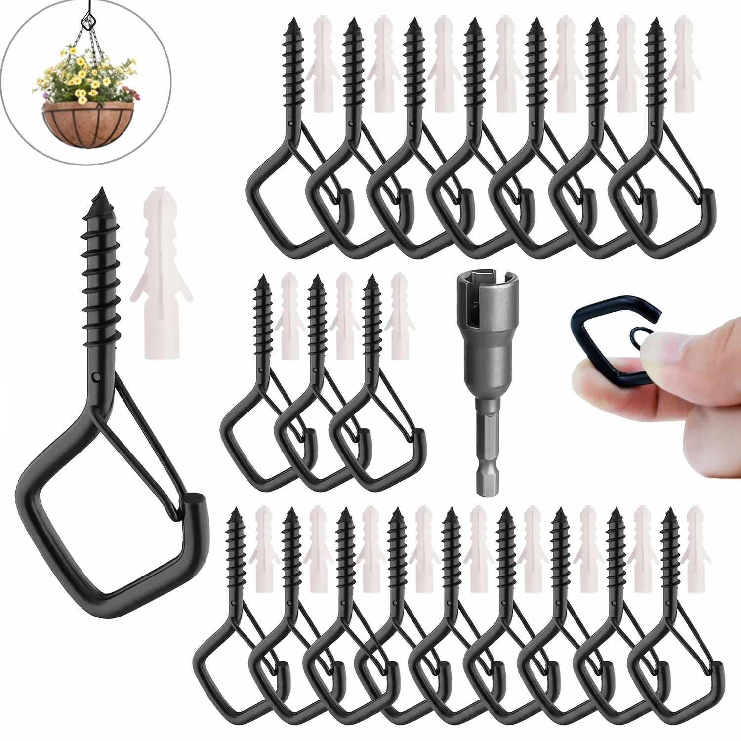 20 PCS Screw Hooks with Safety Buckle, Windproof Screw Hooks for Hanging Outdoor String Lights, Bird Feeder, Plants, Wind Chimes & Holiday Decorations, for Ceiling and Wall Mount