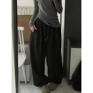 Black Oversized Wide-Leg Knit Sweatpants - Women’s Casual Baggy Lounge Pants
