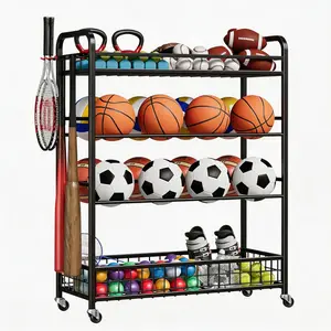 4-Tier Sports Equipment Organizer with Wheels Rolling Ball Storage Rack for Garage Gym School Basketball Soccer Football Volleyball Holder with Baskets and Hooks Black