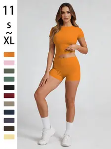 Women's Casual Sportswear Set, Comfortable Short Sleeves & Shorts, Ideal for Yoga Outfit Set Running Outdoor Activities, Spring Summer Wear, Stretchy Suit Set Workout Running Clothes