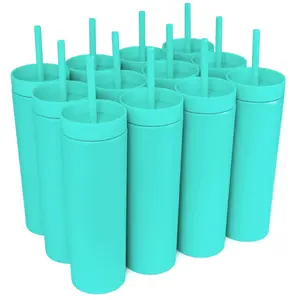 12 Blank Aqua Skinny Aqua Tumblers 16oz Colored Pastel Acrylic Matte Plastic Cups in Bulk w/Lids, Straws, Cleaning Brush! DIY Customizable - Tumbler for sublimation, Blank Sublimation Tumbler, Blank Tumbler, Tumbler Gifts