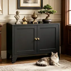 Metal Cat Litter Box Enclosure, Hidden Litter Box Furniture, Modern Indoor Cat Washroom Cabinet, Freestanding Pet House Side Table for Large Cats, Black, Fits Most Standard Litter Boxes