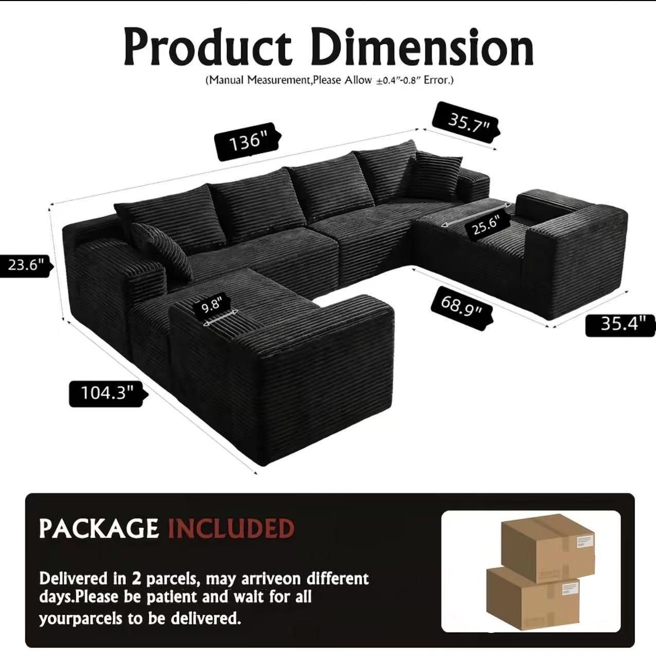 137-Inch Oversized U-Shaped Modular Cloud Sofa, 8-Seater Black Boneless Sectional Couch with Chaise Lounge, No-Assembly Deep Seat Living Room Furniture, Shipped in 2 Boxes 137-Inch Oversized U-Shaped Modular Cloud Sofa, 8-Seater Black Boneless Sectional Couch with Chaise Lounge, No-Assembly Deep Seat Living Room Furniture, Shipped in 2 Boxes