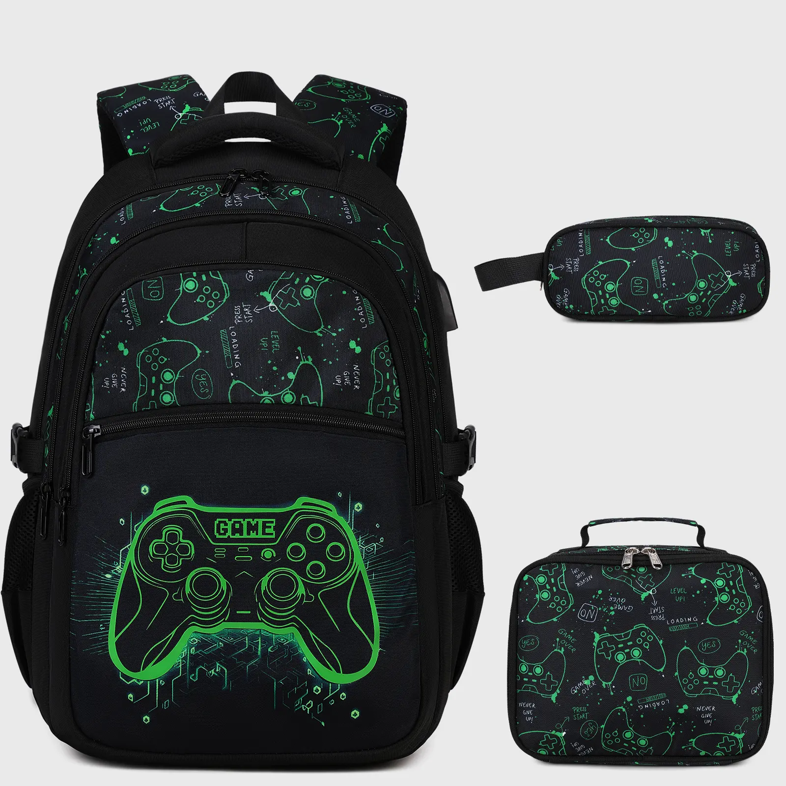 3PCS(Boys Backpack with Lunch Bag & Pencil Pouch)-Green Floral Game Console