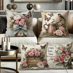 4-Piece Floral Butterfly Bird Print Pillow Covers, 45x45cm, Hidden Zipper, Indoor Outdoor Decor, Living Room Bedroom Sofa Car Decoration