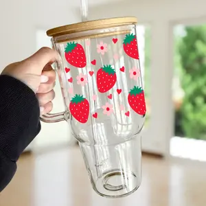 Strawberries Glass Cup with Lid and Straw - Aesthetic Drinkware with Bamboo Lid and Strawberry Daisys and Hearts Glass Tumbler