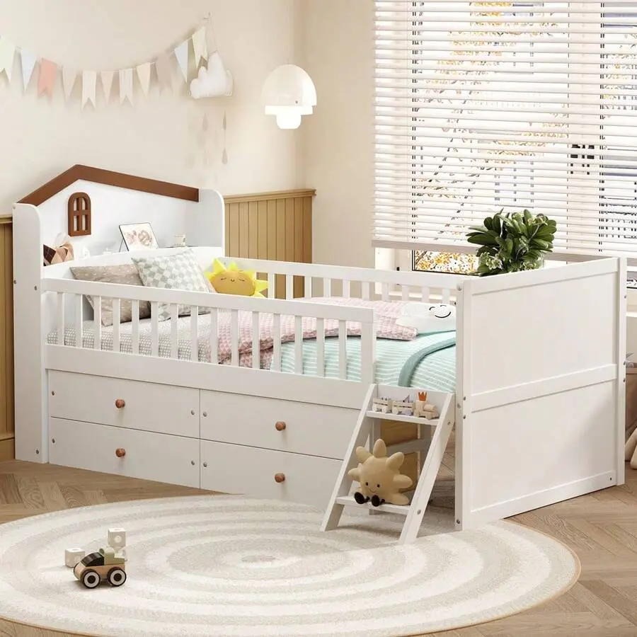 Twin    Storage 4 Drawers,Wooden   For Kids,Platform Twin Size   Guardrail Headboard And Ladder, No Box Spring Needed, Easy Assembly, White bed