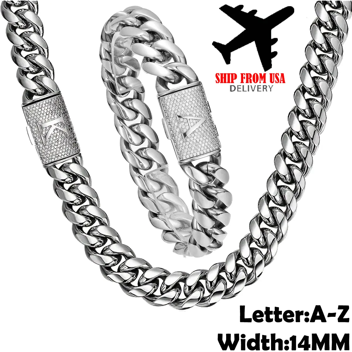 14MM Initial Letter A-Z Name Necklace Bracelet Set Charm Jewelry Stainless Steel High Polish Chain Miami Cuban Link Chain For Men Gift