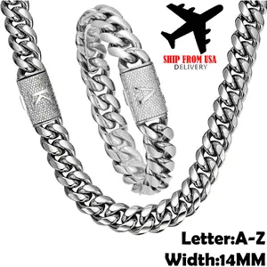 14MM Initial Letter A-Z Name Necklace Bracelet Set Charm Jewelry Stainless Steel High Polish Chain Miami Cuban Link Chain For Men Gift