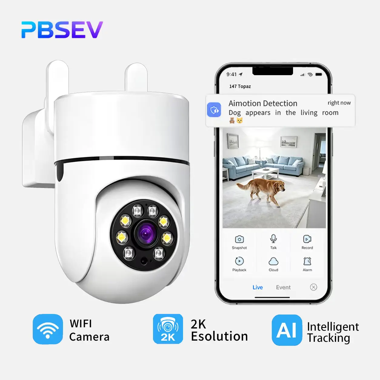 PBSEV Wireless Home Security Camera, Wi-Fi PTZ Surveillance Camera with Auto Tracking, Human Motion Detection, Color Night Vision, Instant Motion Alerts, Two-Way Audio, Cloud & SD Card Storage, 24/7 Recording, Ceiling Mountable