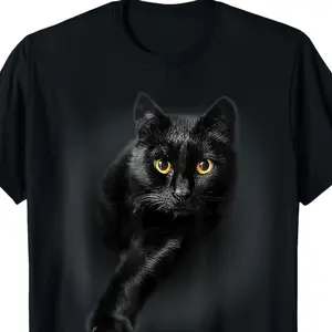 Black Cat Yellow Eyes Cool Graphic Cotton T-Shirt, Summer Casual Cat Lover Top