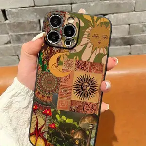 A stylish phone case featuring sun and moon designs with floral and mushroom decorations. This protective cover is compatible with iPhone 16, 15, 14, 13, 12, and 11 Pro Plus Promax series, made of TPU material for better shockproof protection