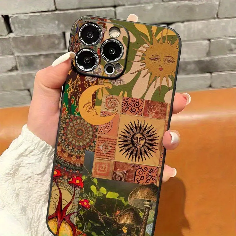 A stylish phone case featuring sun and moon designs with floral and mushroom decorations. This protective cover is compatible with iPhone 16, 15, 14, 13, 12, and 11 Pro Plus Promax series, made of TPU material for better shockproof protection