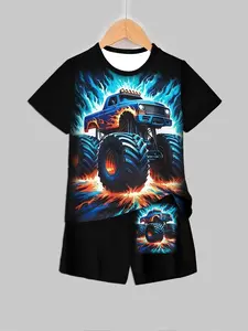 Kids Black Vibrant Flame Monster Truck Print T-Shirt and Shorts Set, Cool Trendy Style Boys' Children's Clothing Suits