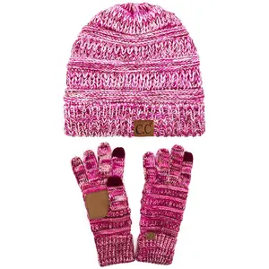 C.C YJ816G816 - Unisex Soft Stretch Cable Knit Three Tone Beanie and Anti-Slip Touchscreen Gloves Set black beanie