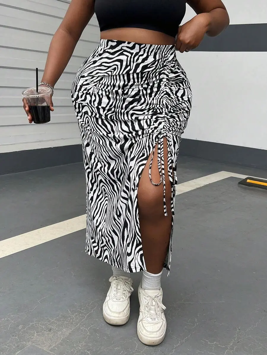 Women's Plus Size Zebra Pattern Side Slit Drawstring Knit High Waist Skirt With Stretch