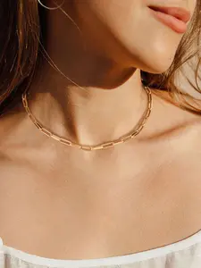 FindChic Rectangular Paperclip Chain Choker Necklace Copper Based Choker Chain Link Necklace For Women Men