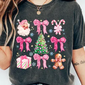 Pink Christmas Doodles shirt Women's Oversized Christmas Shirt - Festive Printed Design - Cotton, Comfortable Casual Shortsleeve