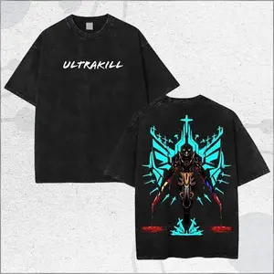 Unisex Double Sided Printed Ultrakill Gabriel Vintage Acid Washed Cotton Short Sleeve Top Dark Y2K Punk Streetwear Apparel Ideal for Daily Commute Road Trip Workout Perfect Holiday Gift Outfit for Indie Video Game Fans