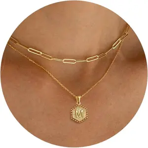 Dainty Gold Necklace for Women -  Layered Initial Necklaces for Women Simple Paperclip Chain Hexagon Letter Initial Necklace Gold Layered Necklaces for Women Jewelry Gifts