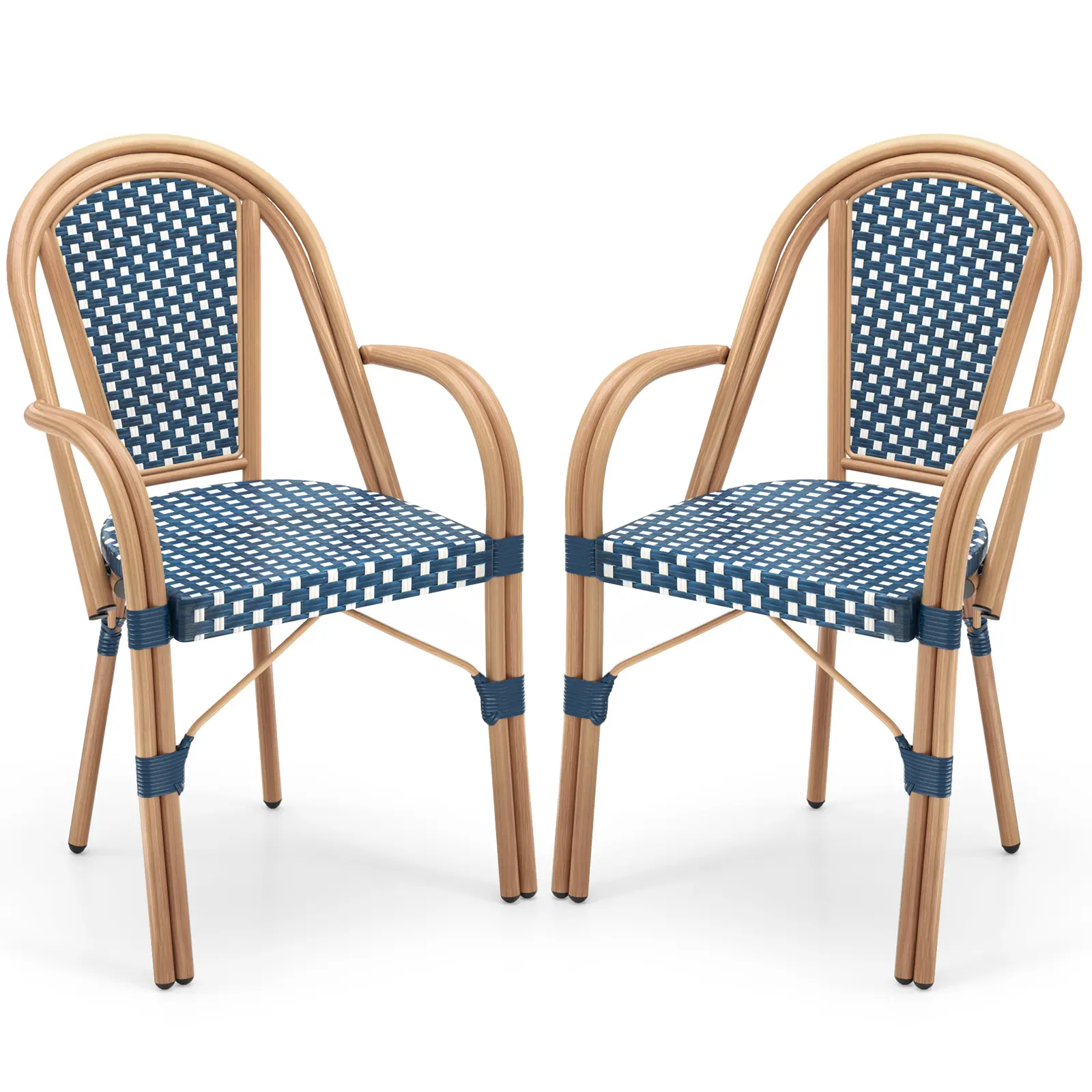 COSTWAY - Hand-Woven PE Wicker Outdoor French Bistro Chairs Set of 2-Blue