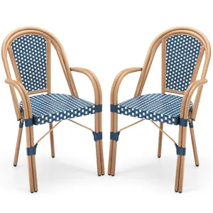 COSTWAY - Hand-Woven PE Wicker Outdoor French Bistro Chairs Set of 2-Blue