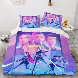 KPop Demon Hunters Bedding Set, Duvet Cover Set with Printed Cartoon Style, Available in Single/Double Sizes for All Seasons, Halloween, Christmas, and Anime Styles. 100% Polyester.