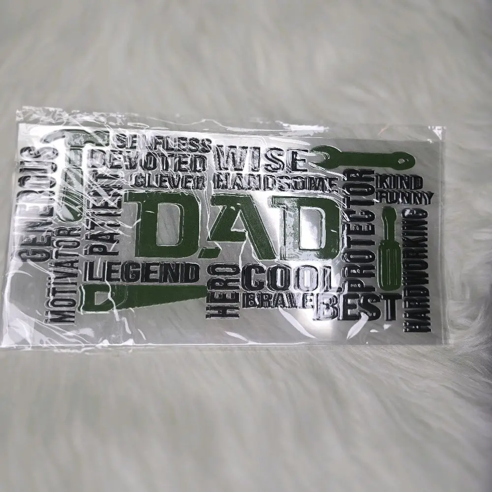 DAD UV DTF Wrap for 16 oz Libbey Cup - Green Design with Word Cloud, Featuring "DAD" and "LEGEND" Text