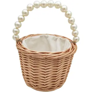 Rustic Wicker Rattan Wedding Flower Girl Baskets,Woven Rattan Storage Basket with Pearl Handles,Woven Eggs Candy Basket for Wedding Home Garden Decor (A) Yuudar