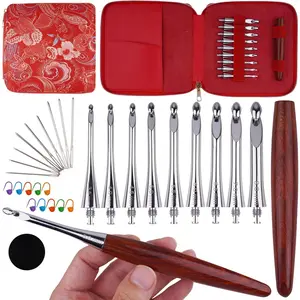 Interchangeable  Crochet Hooks Set Inline Beginner Crochet  Kit Smooth Grip Wooden Handle with Red Case for  Hands 9 Sizes 3.5mm-8mm