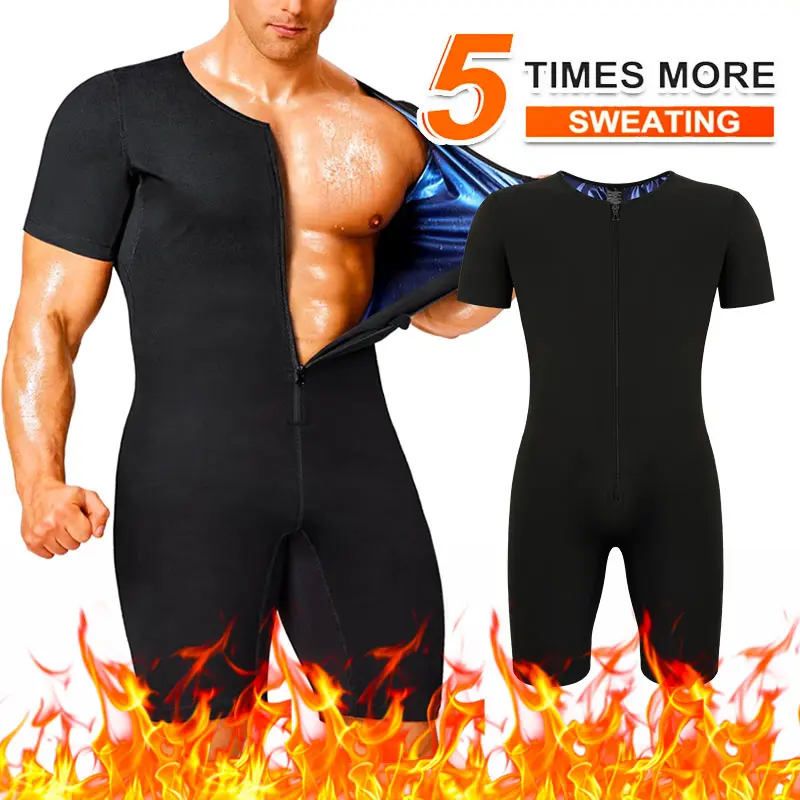 CATTIBOR Men's Solid Zip Front Sauna Bodysuit Shapewear Jumpsuit,Men Sauna Suit for Men 3 in 1 Full Body Sauna Jumpsuit Mens Waist Trainer for Workout Trainer GYM Shirt,Men Shapewear