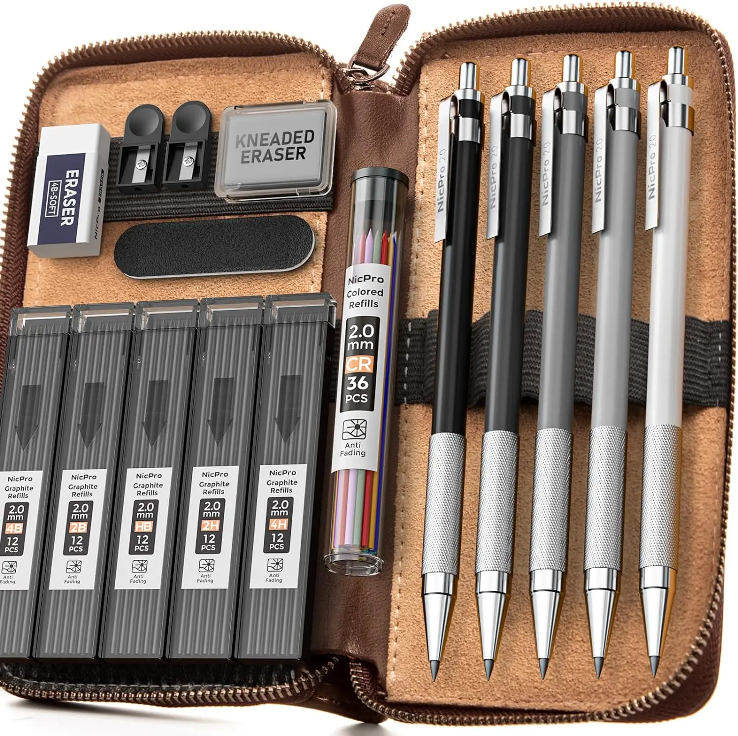 Nicpro Mechanical Pencils Set - 5-Pack 2mm Medium Point Metal Writing Stationery with Genuine Leather Pouch, Anti-Slip Grooved Flexible Grip, 4B/2B/HB/2H/4H Lead, 6 Tubes Black Refills, Erasers, Sharpener for Drawing Supplies (Office Stationery Supplies),