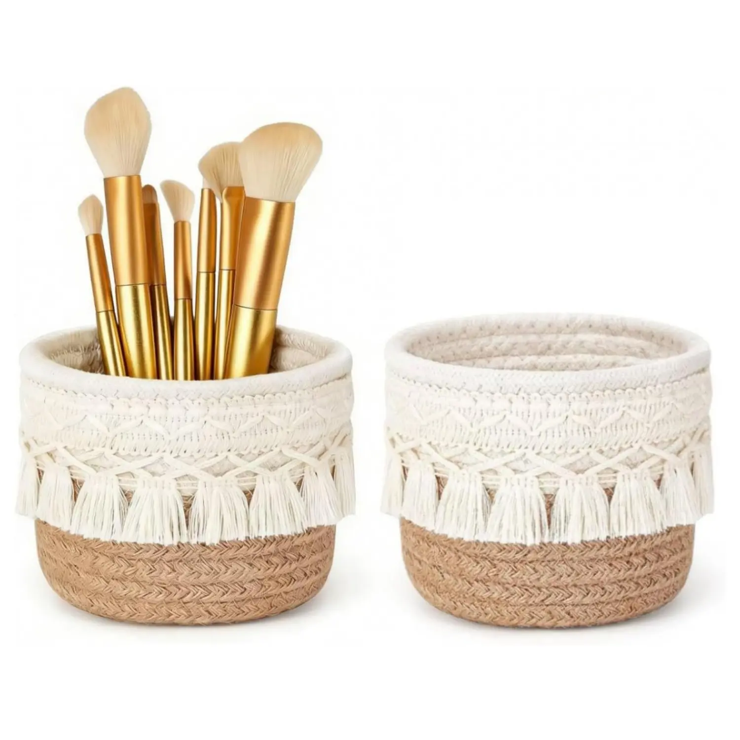 2Pcs Mini Cotton Macrame Tassel Organiser Set - Beauty Brushes Storage Cosmetic Holder, Boho Decorative Bins, Vanity Pen Pencil Containers (Brown/White) - Home Supplies Birthday Gift, Basket