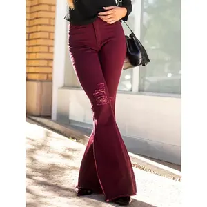 Wine Red Ripped Hole Bell-Bottom Pants, Mid Waist Original Trim Loose Elastic Bell-Bottom Pants, Women's Jeans and Clothing