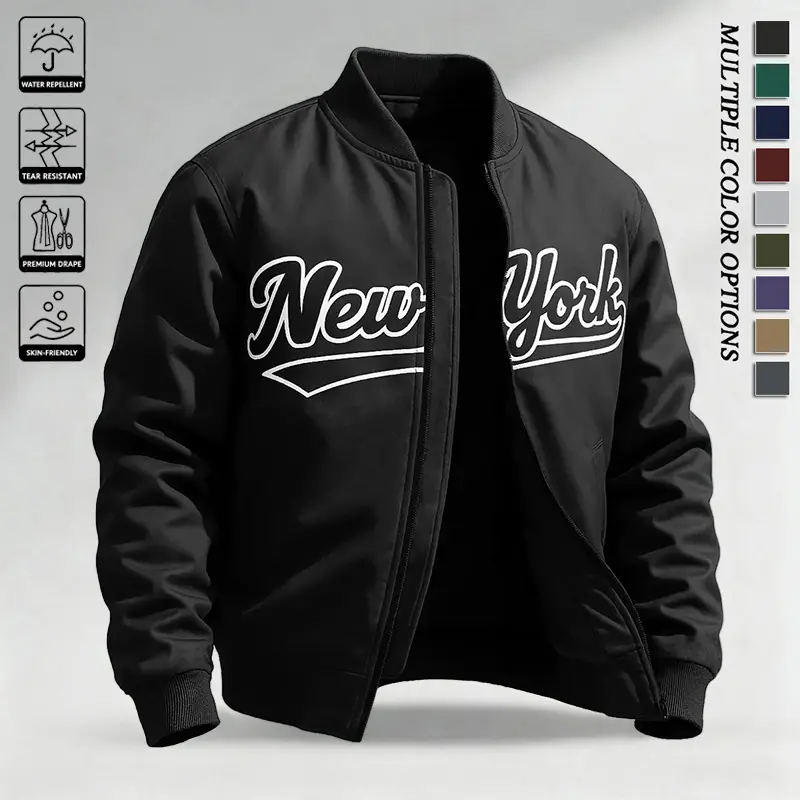 Men’s New York letter-print baseball jacket, Y2K American street style ribbed collar full-zip casual outerwear, wrinkle-resistant soft jacket, suitable for everyday wear and streetwear outings, available in multiple colors.