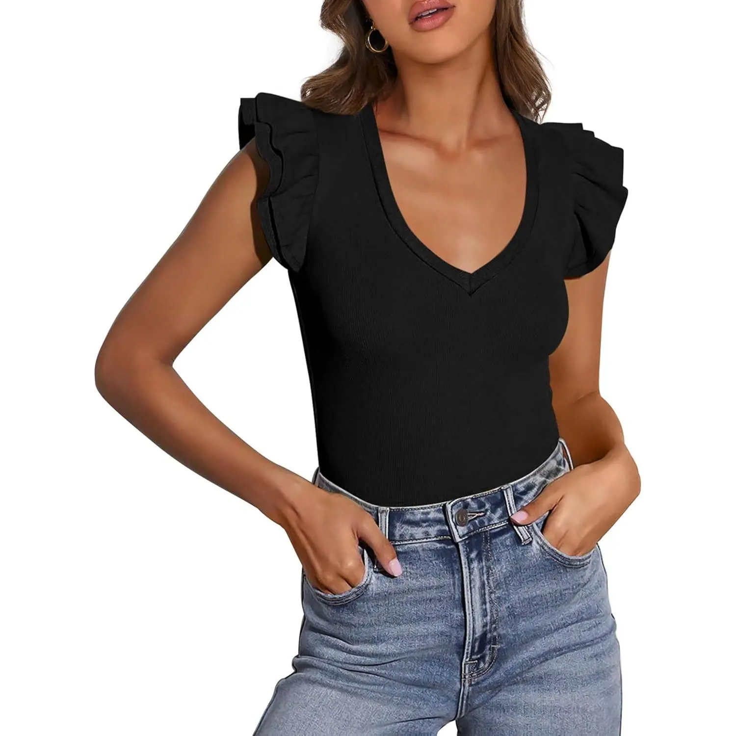Women's Viscose-Nylon-Elastane Blend Ruffled Edge Slim-Fitted Sleeveless V-Neck Blouse - 2025 Army Green Lady Basic Shirt, Quiet Luxury Office OOTD Summer Staple for Going Out, Casual Elegant Minimalist Apparel, Shirts