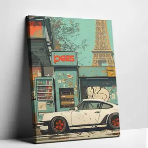 Vintage Urban Street & Eiffel Tower Canvas Print | Cool Retro Sports Car Wall Art | Unframed Office Bar Decor