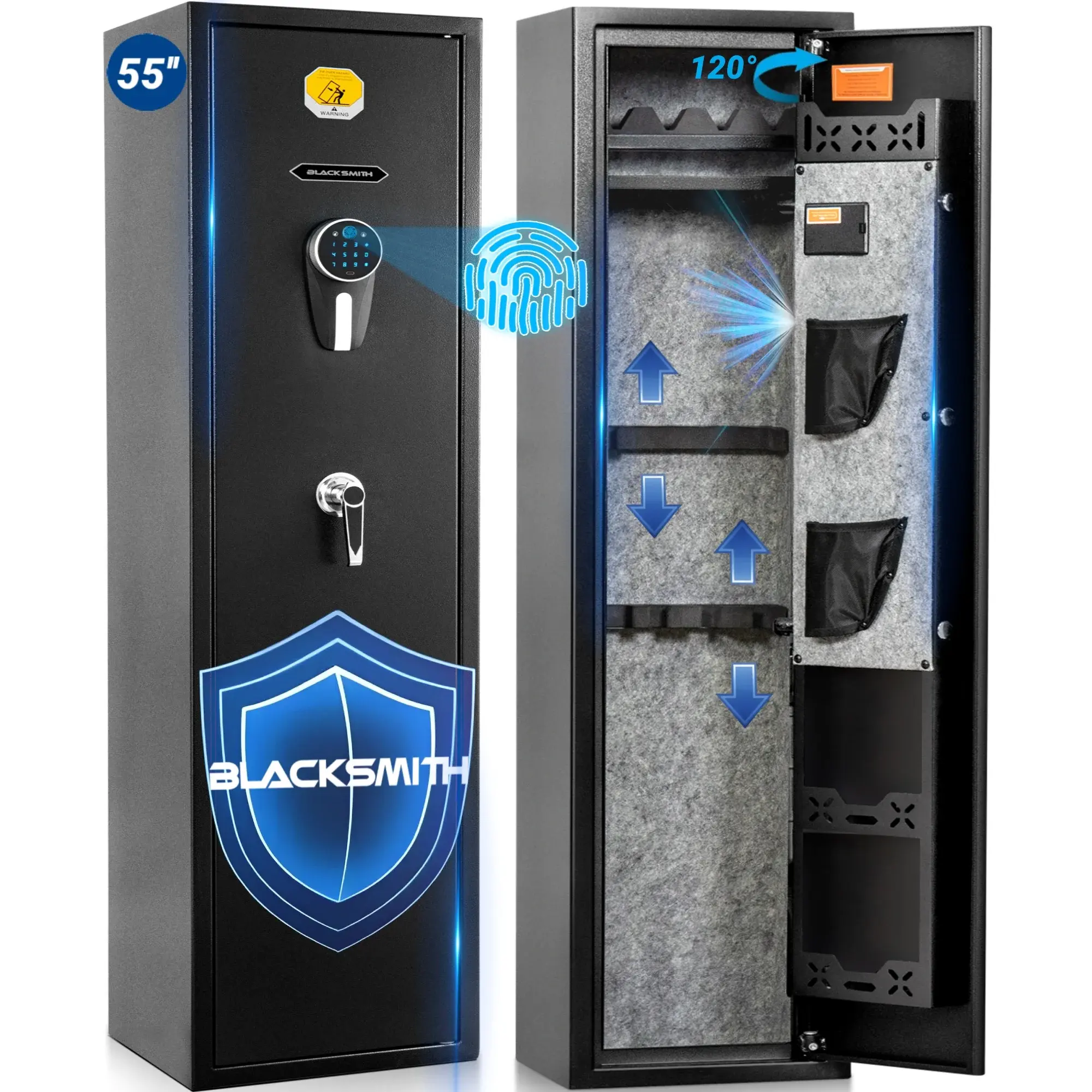 BlackSmith Smart Biometric Anti Theft High Security Box - 0.1s Quick Access Digital Wall Mount Cabinet, 16 Gauge Carbon Alloy Steel, Keys, Keypad, Dual Alarm, LED Lights for Home Firearms Storage, Safe Storage Solution