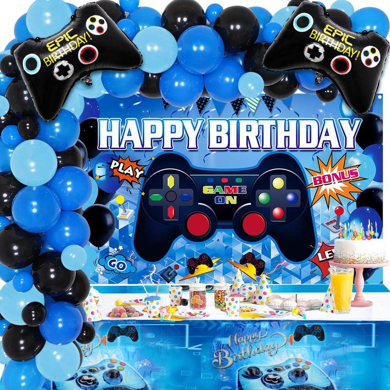 Video Game Birthday Decorations Set with Happy Birthday Backdrop Gaming Table Covers Blue Black Balloons Gamer Party Supplies for Boys