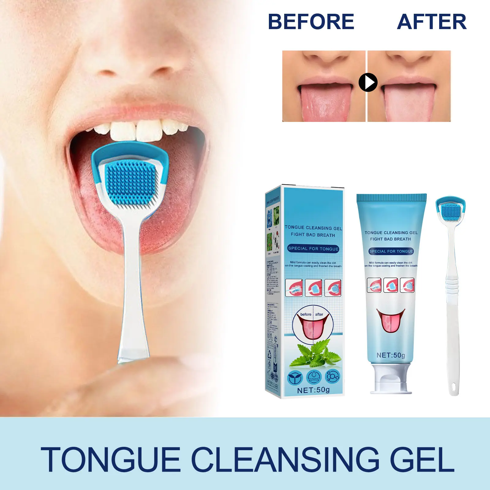 Tongue Cleaning Gel with Brush, Pro Tongue Scraper Kit for Deep Cleansing Oral Care, Bad Breath Control & Instant Mint Freshness