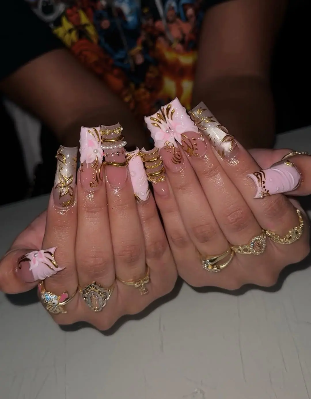 Luxury Pink Floral Press On Nails | 3D Hibiscus Flower Gold Chrome Long Square Fake Nails | Handmade Reusable Glue On Nails for Women