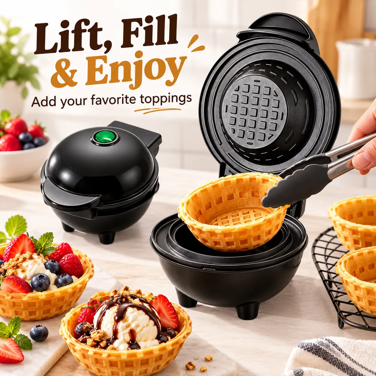 Mini Electric Waffle Bowl Maker, Black Waffle Bowl Machine for Ice Cream, Fruit & Yogurt, Breakfast and Dessert Kitchen Appliance, Home Appliances, Small Footprint, Easy Clean, Size for Dorm, Kids & Family