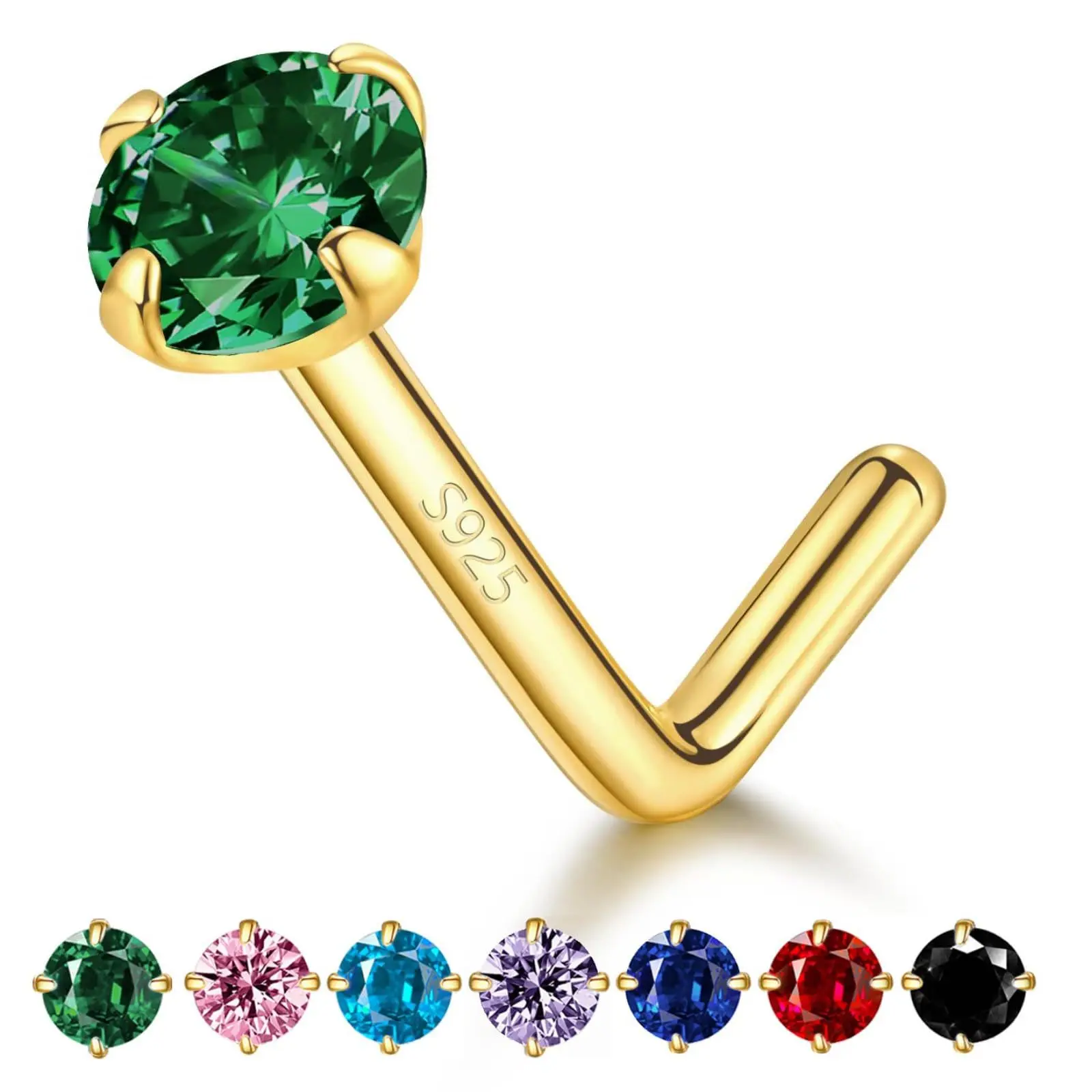 Hot-selling S925 sterling silver nose piercing L-bar round diamond four-prong cross-border nose piercing jewelry 20G