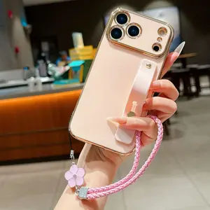 Minimalist electroplated iPhone case with stand and wrist strap For iPhone 17 Air 16 15 14 Plus 13 12 Pro Max protective cover Accessories