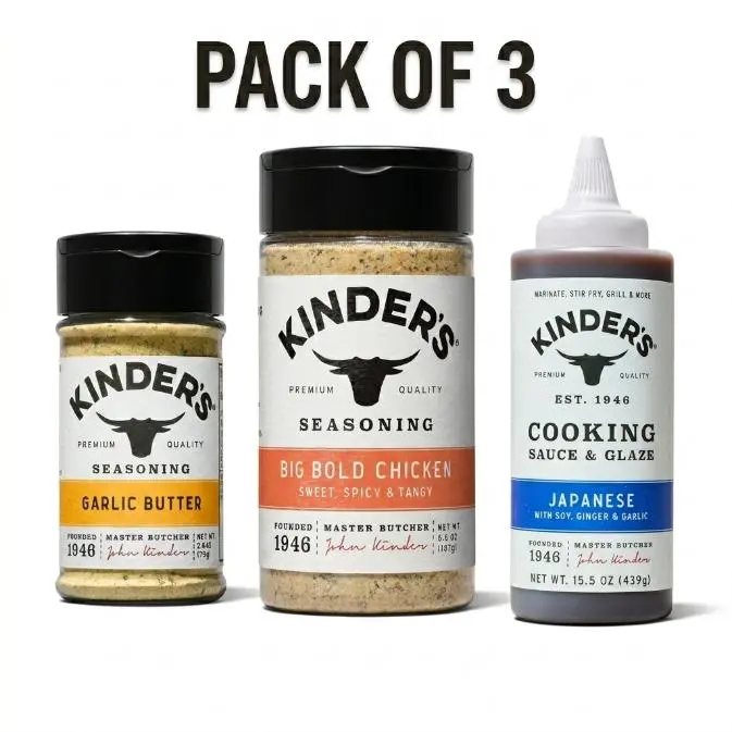 Pack of 3 Kinders, Garlic Butter Seasoning 2.8 oz, Japanese BBQ Sauce 15.5 oz & Big Bold Chicken 6.6 oz